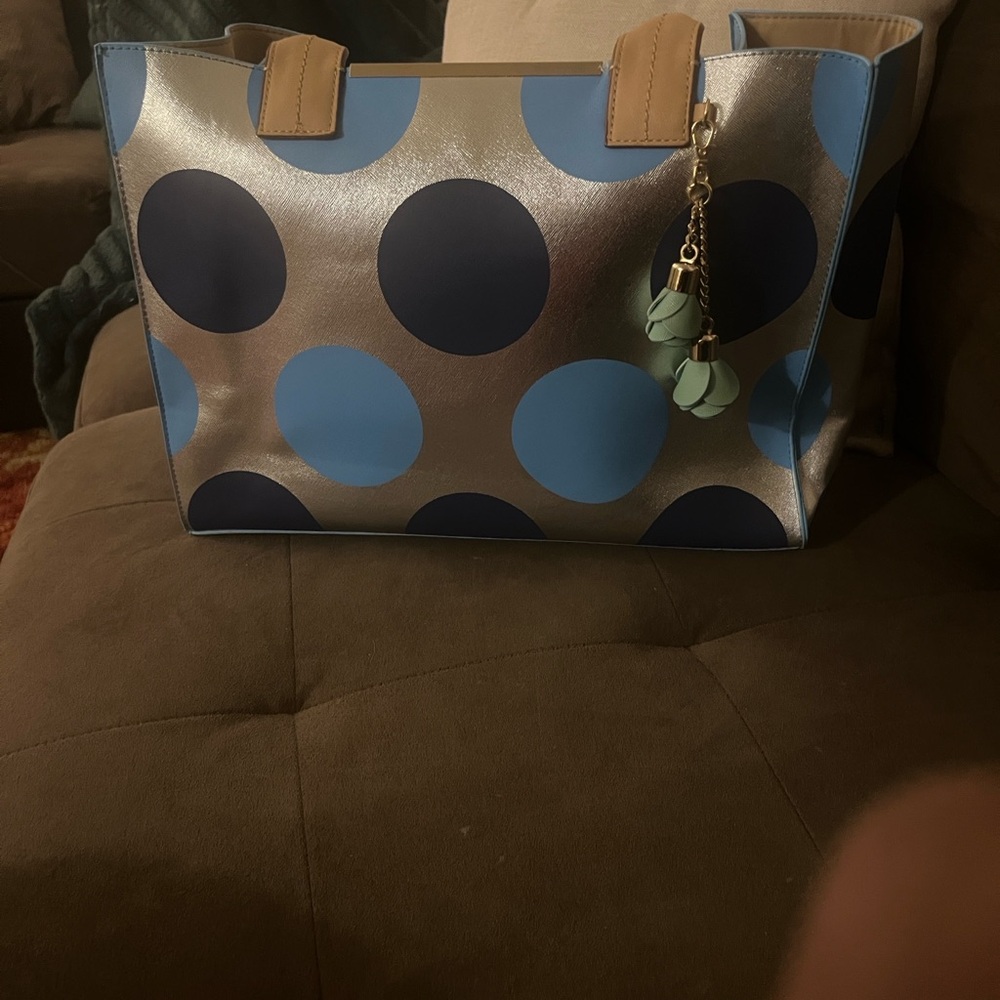 Kate Landry Silver Tote with Navy and Light Blue Polka Dots